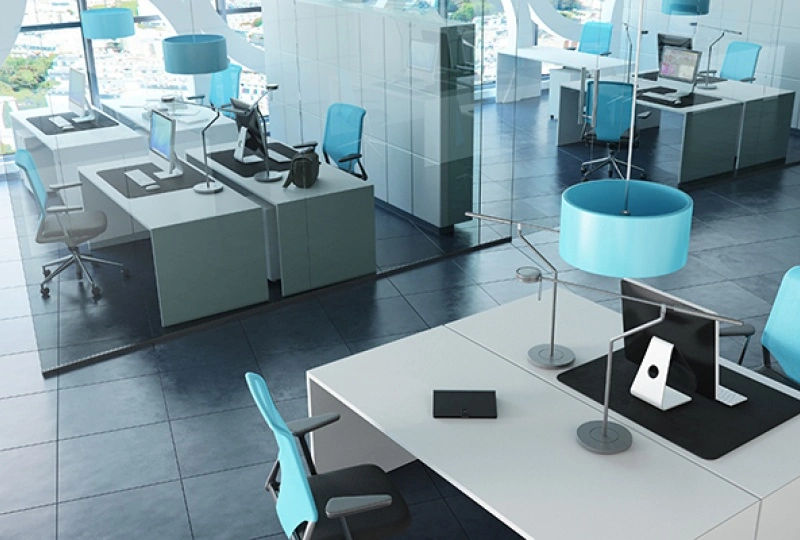 couleurs bleues dans les espaces de travail et bureaux